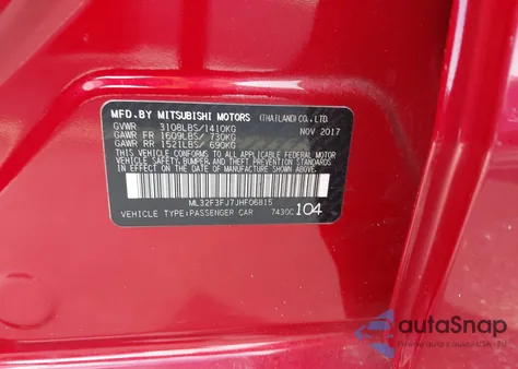 2018 Mitsubishi Mirage G4 Es z USA, uszkodzony, nr VIN ML32F3FJ7JHF06815